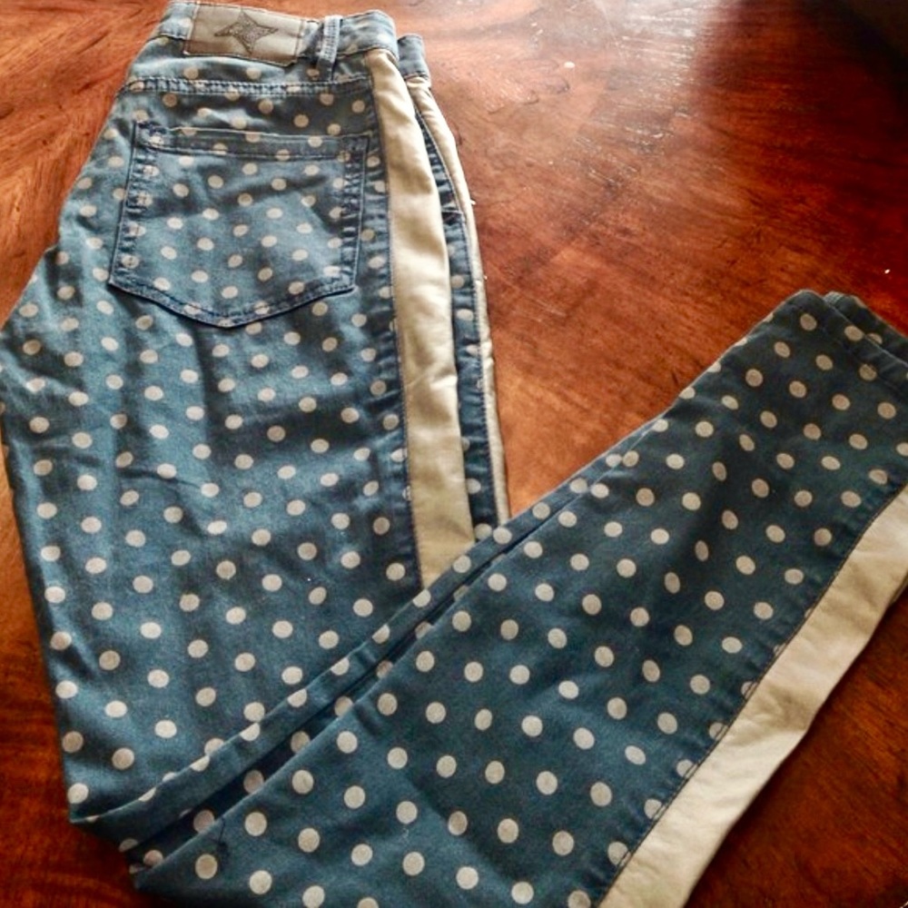 BCBG Leather and Blue Cotton Dotted Pants- sz 26